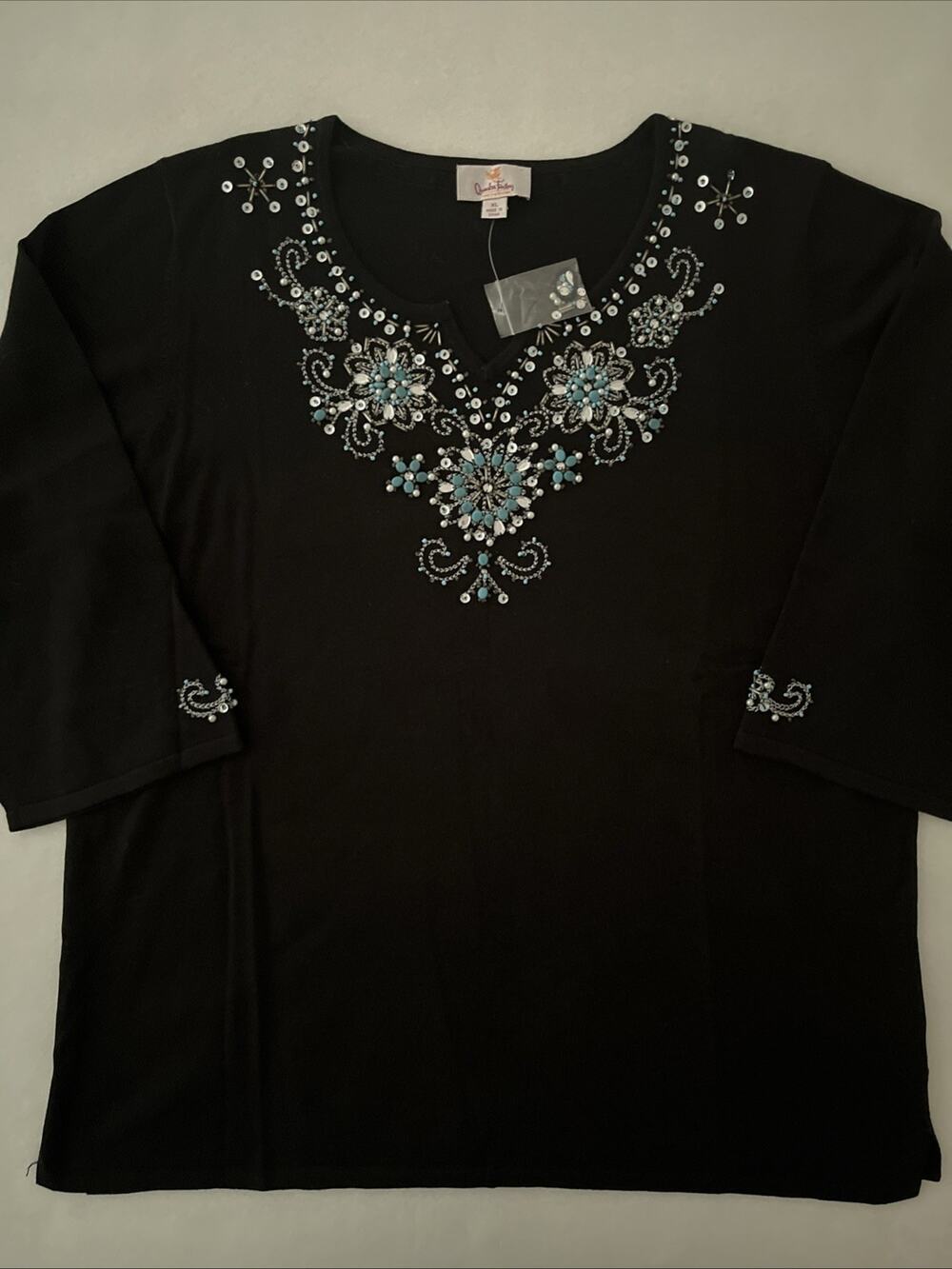 Quacker Factory Sweater Women XL Black Embroidered Rhinestone 3/4 Sleeve NWOT